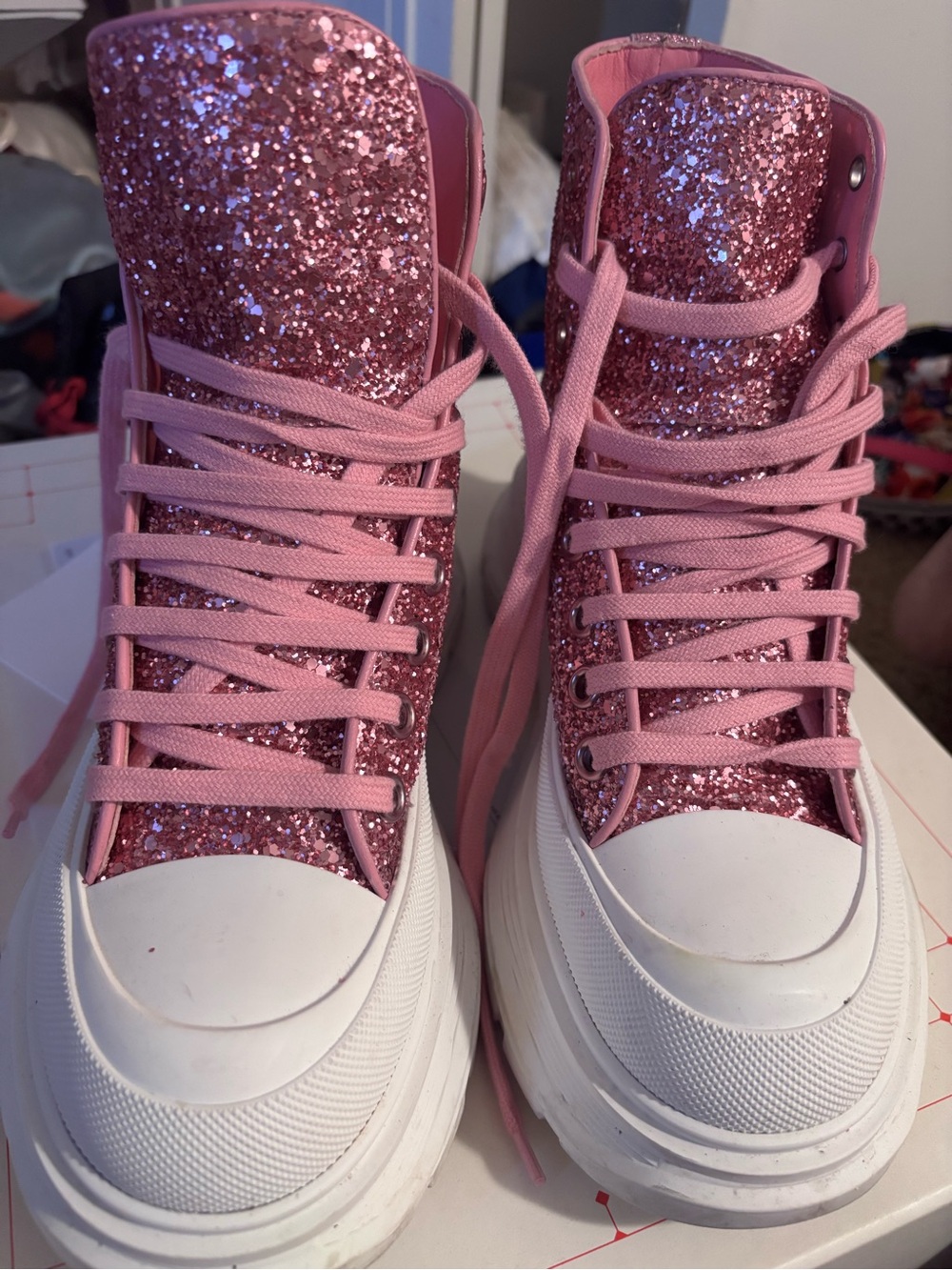 Pink Glitter High-Top Platform Sneakers by